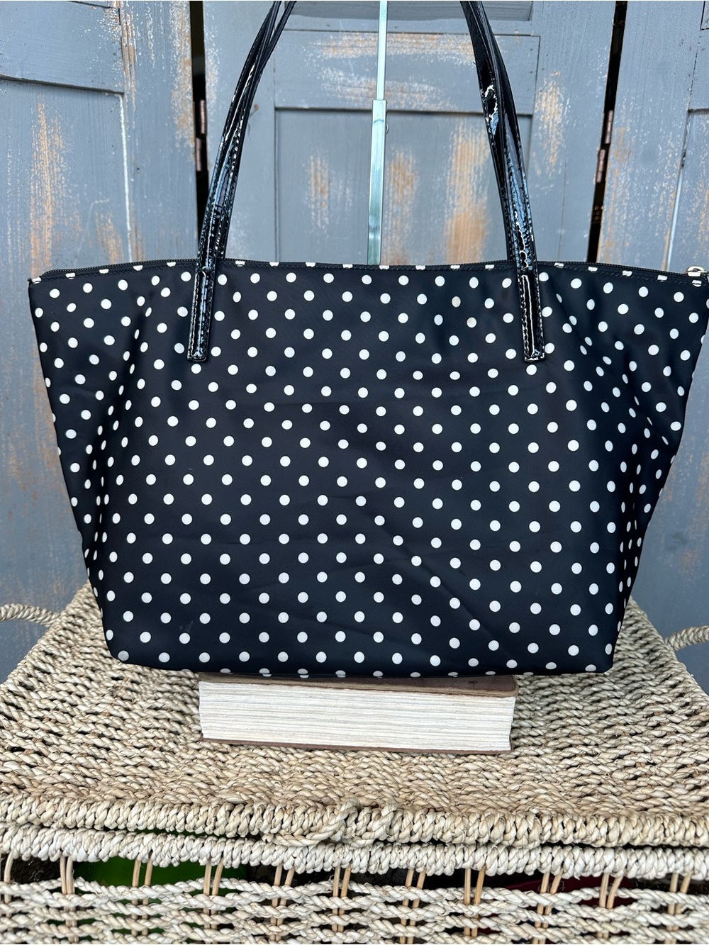 Kate Spade Sophie Polka Dot Nylon Patent Tote Black White - Picture 4 of 16